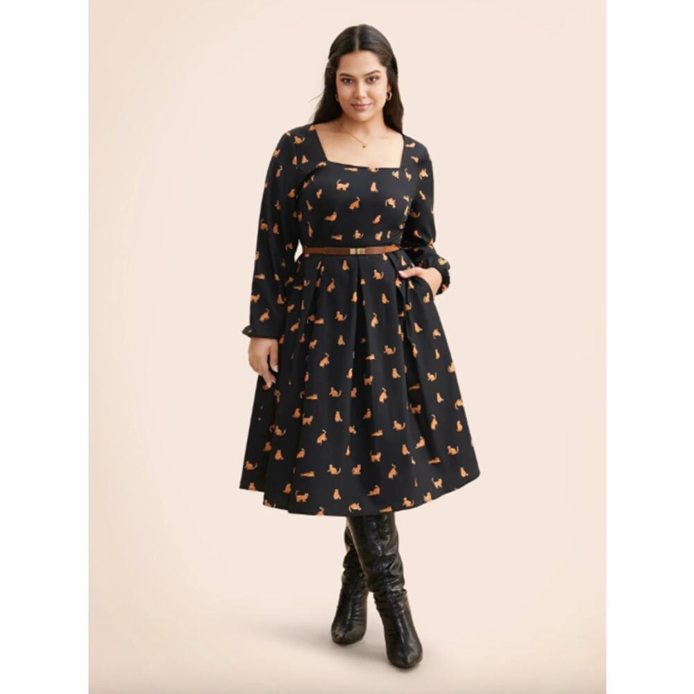 BloomChic Cat Print Midi Dress 6X 30 NWT Square Neck Pleated